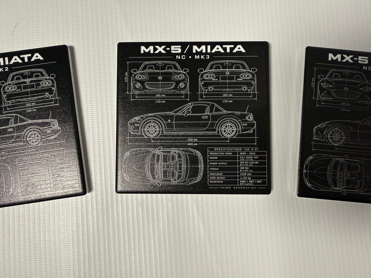 Mazda MX-5 / Miata Blueprint Ceramic Coaster Set – NA NB NC ND – Set of 4 with Holder