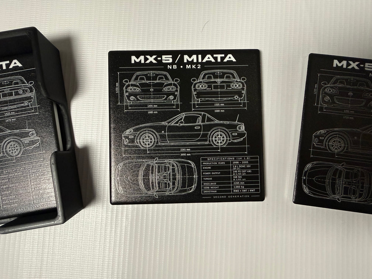 Mazda MX-5 / Miata Blueprint Ceramic Coaster Set – NA NB NC ND – Set of 4 with Holder